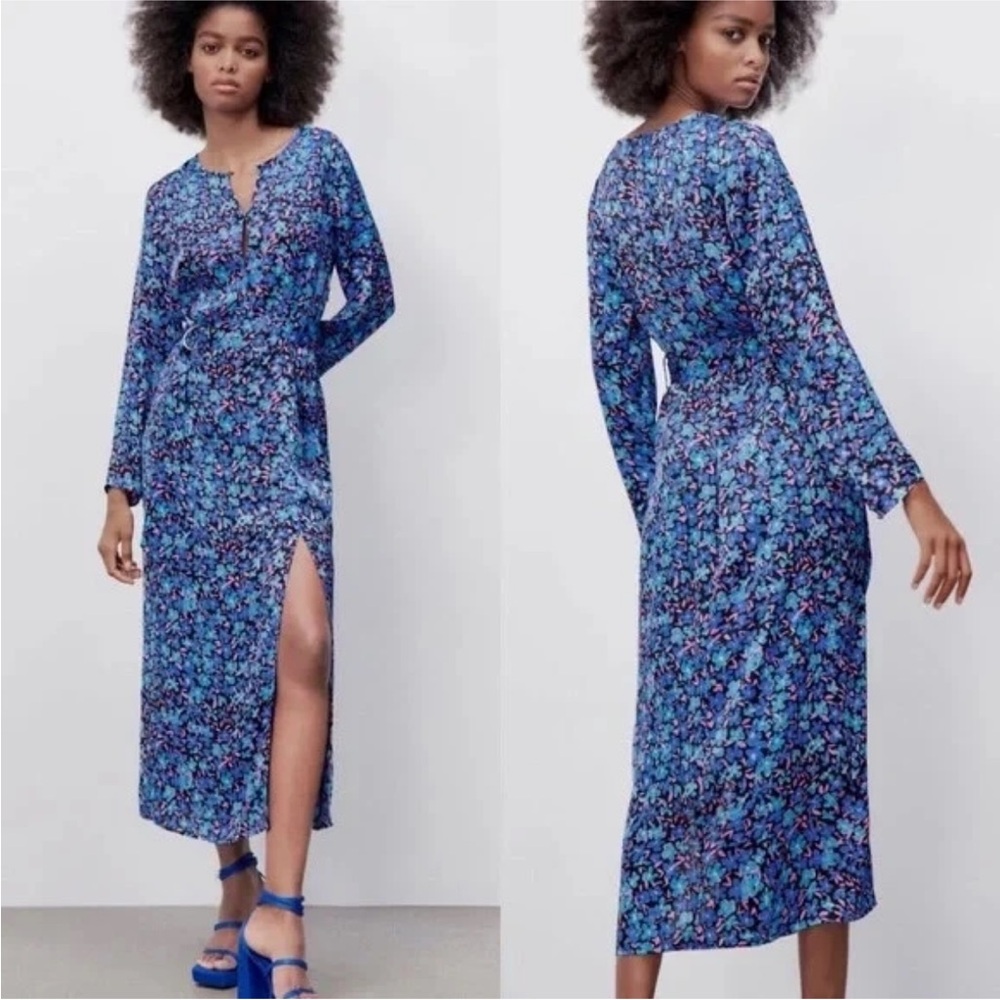 Zara Blue Floral Satin Long Sleeve Dress With Side Slit and Self Belt
